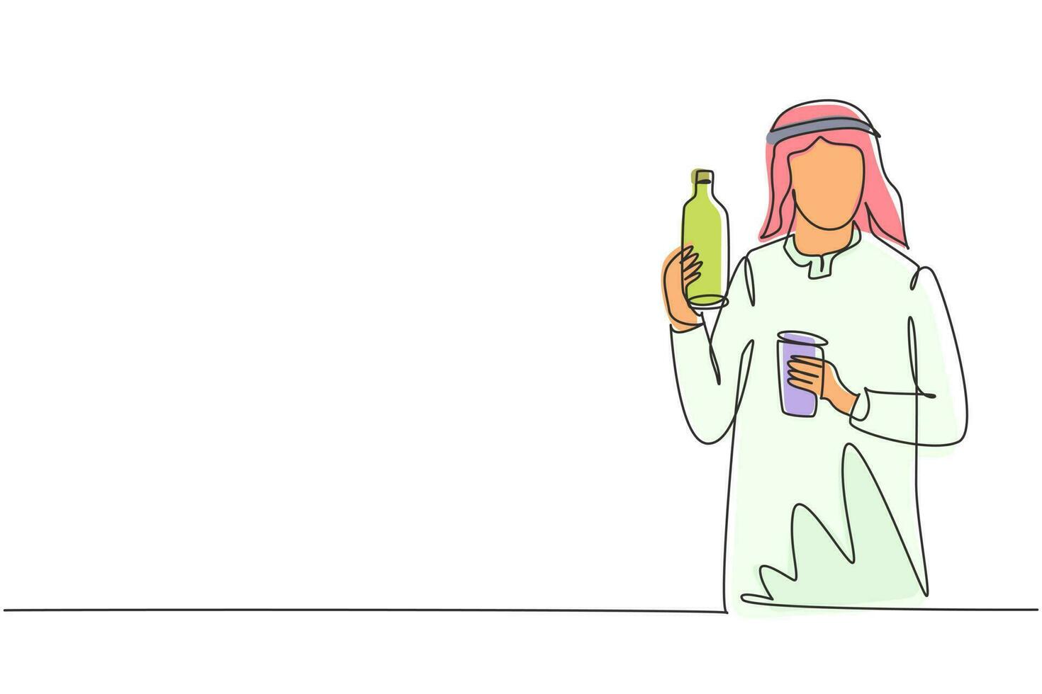 Single continuous line drawing young Arab man holding bottle in one hand and glass of orange juice in the other while having breakfast at home. Dynamic one line draw graphic design vector illustration