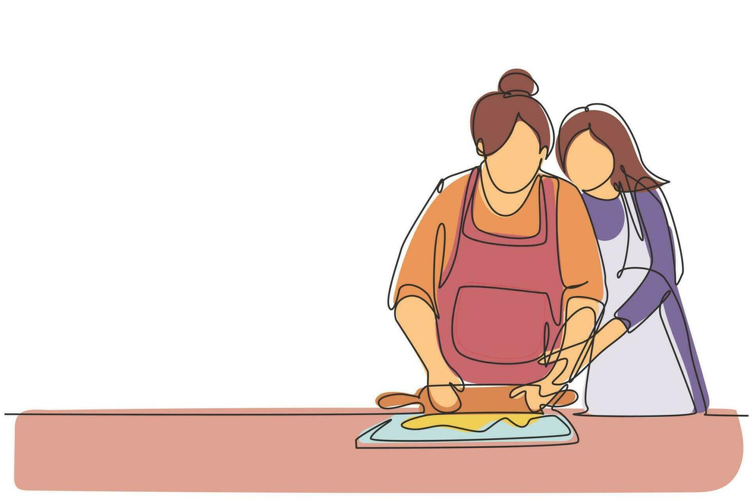 Single continuous line drawing happy family grandmother mother-in-law and daughter-in-law daughter cook in kitchen, knead dough and bake cookies. Dynamic one line graphic design vector illustration