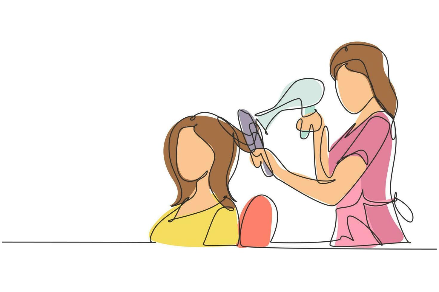 Single one line drawing happy young woman in hair salon. Going for change of style, discussing hairstyling with her hairdresser holding hair dryer. Modern continuous line draw design graphic vector