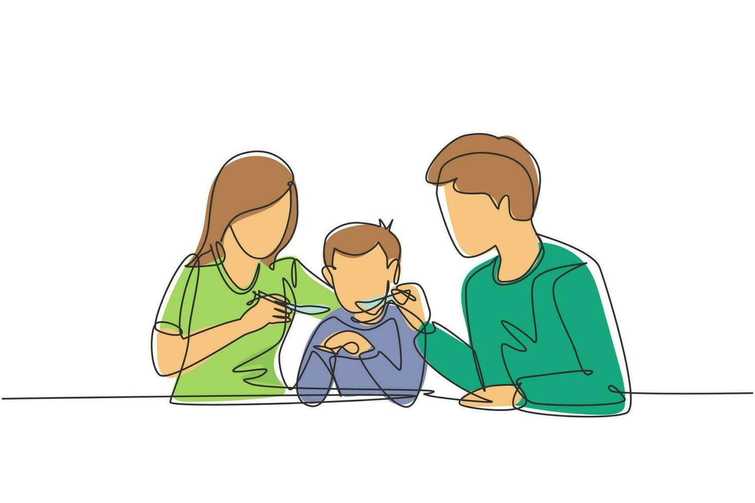 Single one line drawing young family having fun together in restaurant. Parents feeds they boy with love. Happy little family concept. Modern continuous line draw design graphic vector illustration