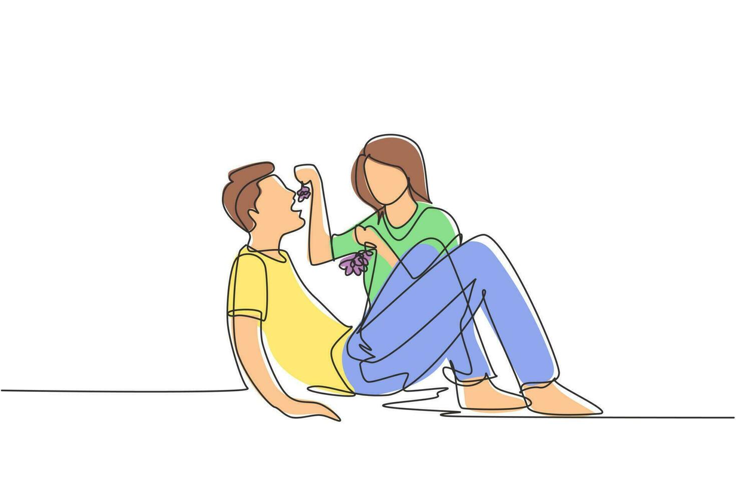 Continuous one line drawing romantic couple having picnic in summer park. Relaxing together sitting on the ground and women feeding grapes to men. Single line draw design vector graphic illustration