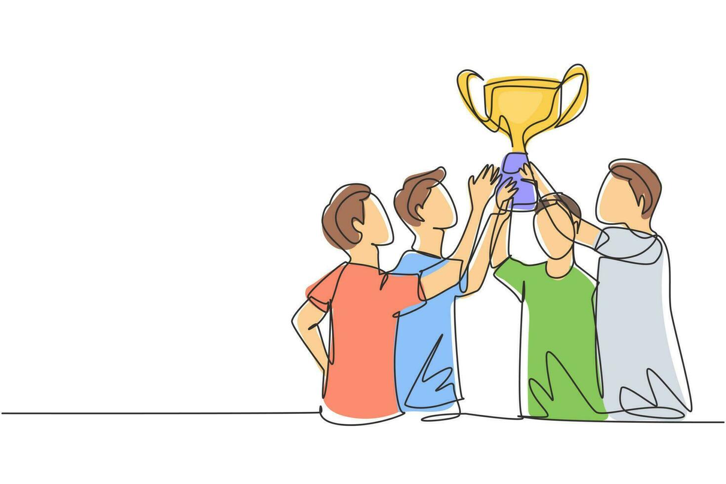 Single one line drawing male athlete team in sports jersey holding golden trophy together. Celebrating victory of international championship. Continuous line draw design graphic vector illustration