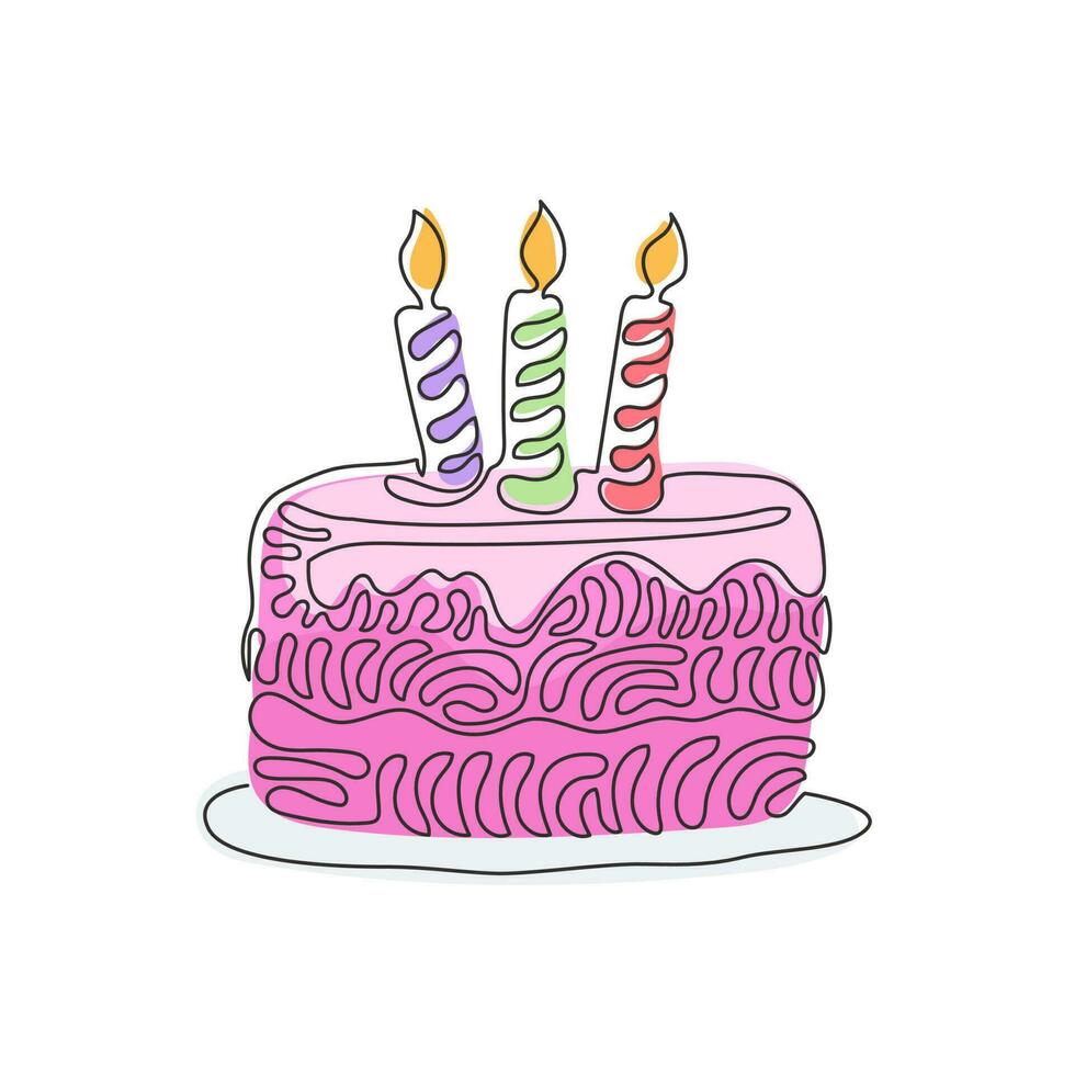 Single continuous line drawing birthday cake with three candles burning. Tasty dessert main dish of celebration birthday party. Swirl curl style. One line draw graphic design vector illustration