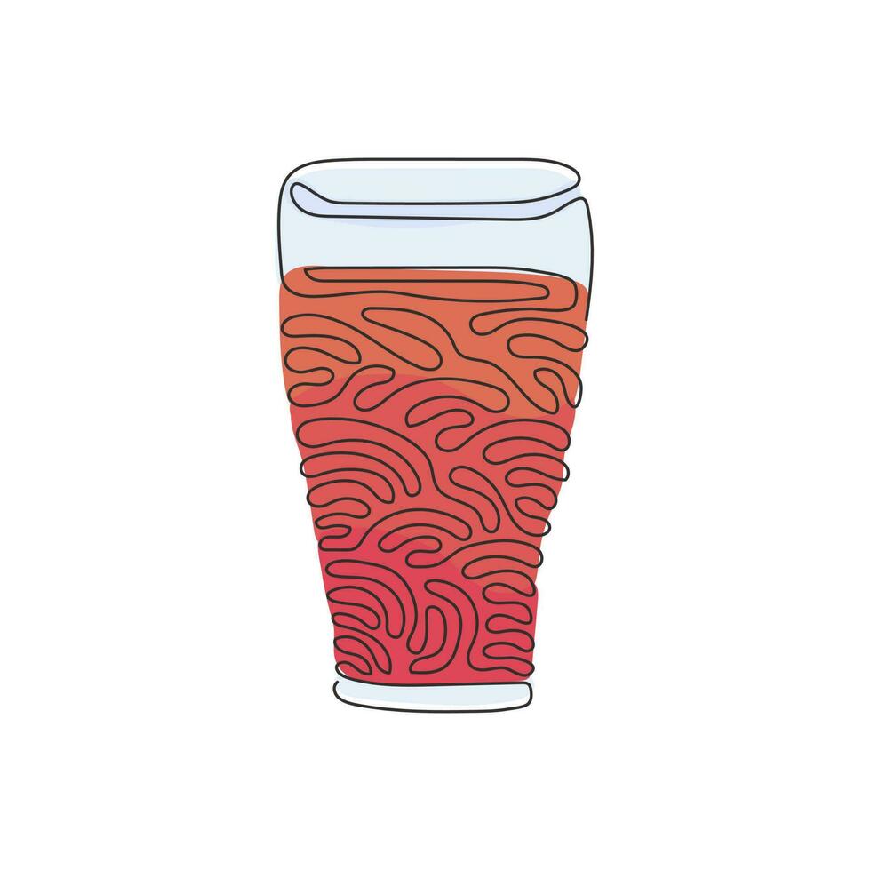 Single continuous line drawing soft drink in glass. Cold cola soda to crave for refreshing feeling. Drink to quench thirst. Swirl curl style. Dynamic one line draw graphic design vector illustration