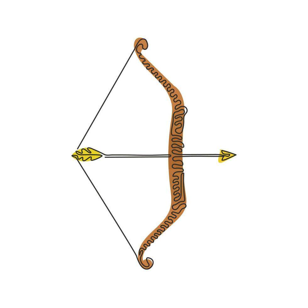 flecha de dibujo de una sola línea y arma de tiro con arco indio. guerrero de arco largo nativo o equipo de caza. armadura tribal de madera. estilo de rizo de remolino. ilustración de vector gráfico de diseño de dibujo de línea continua