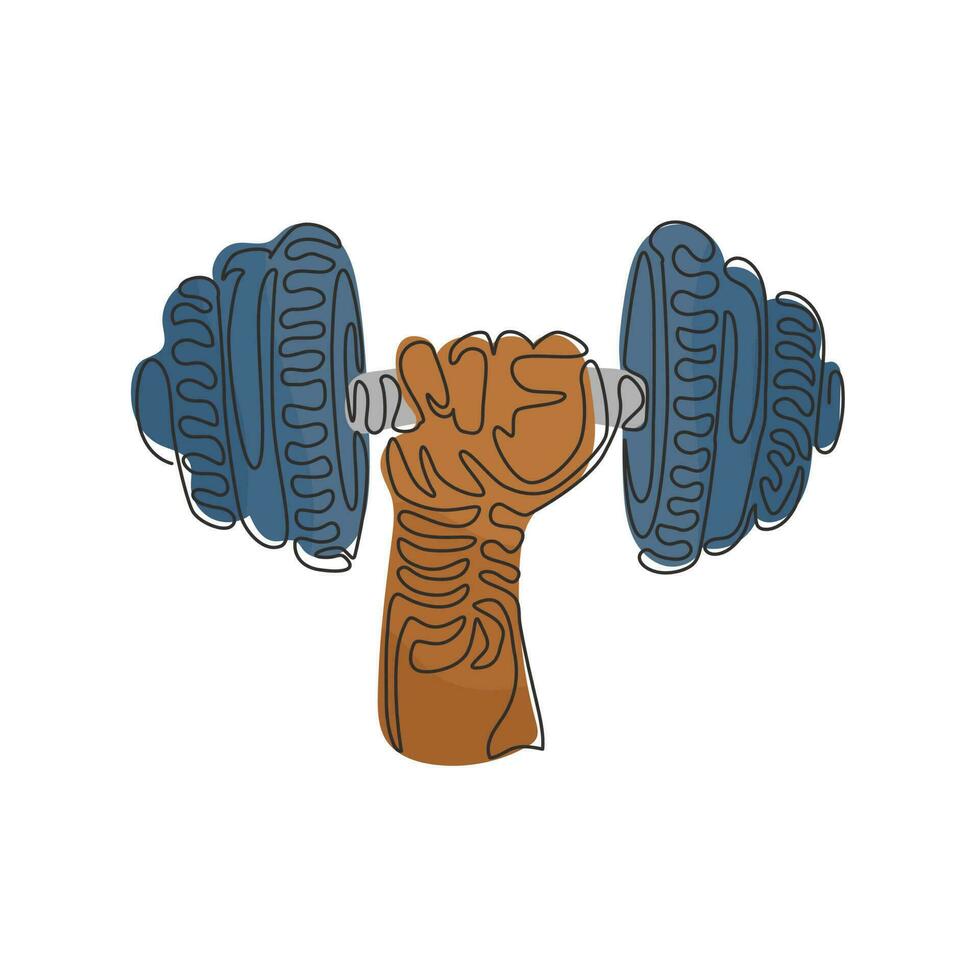 Continuous one line drawing athletic sportsman arm holding dumbbell. Fitness workout. Barbell and strong hand fist. Swirl curl style. Power lifting. Single line draw design vector graphic illustration
