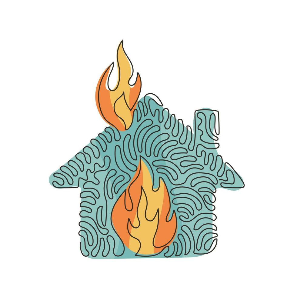 Single one line drawing fire line icon. House building in flames. Insurance symbol from financial security, safety, damage. Swirl curl style. Continuous line draw design graphic vector illustration