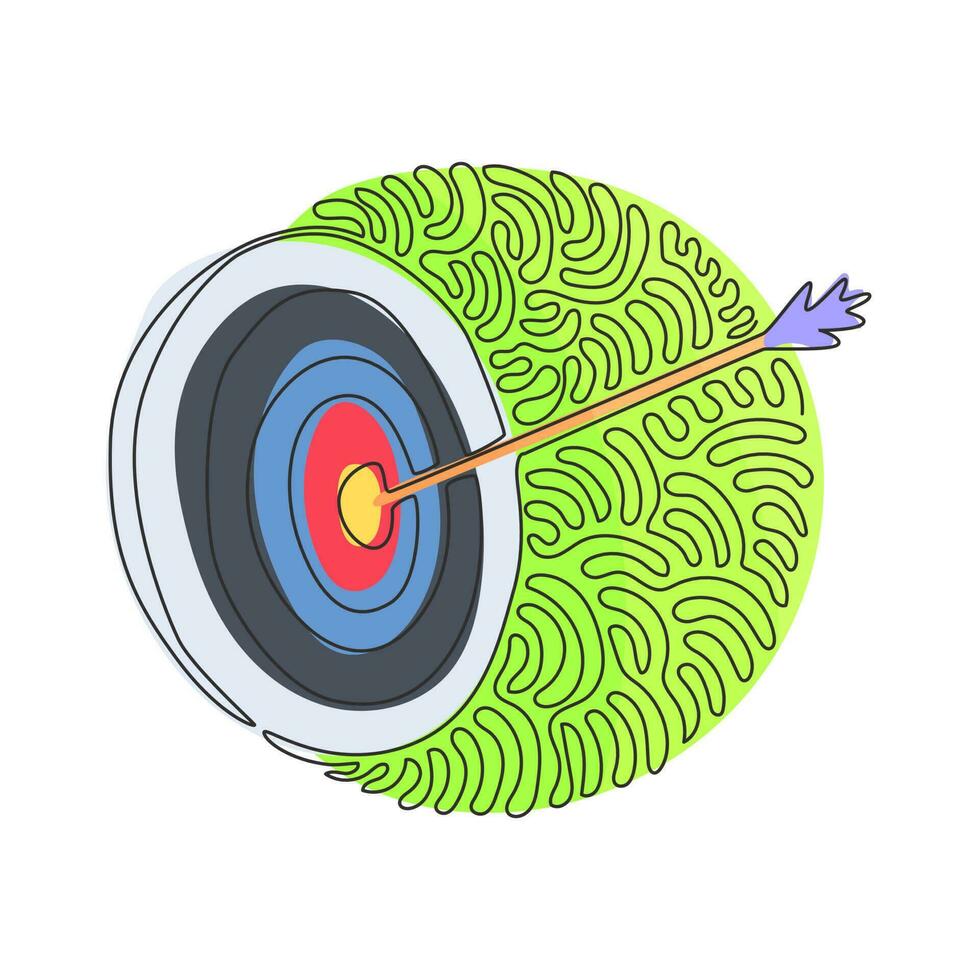 Continuous one line drawing Archery Target With Arrows Archer Sport Game Competition. Dartboard with arrow. Swirl curl circle background style. Single line draw design vector graphic illustration