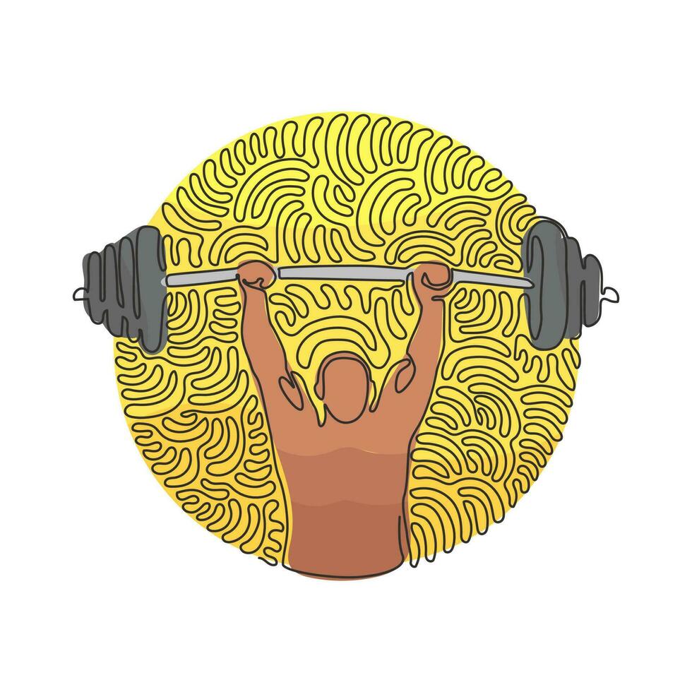 Single continuous line drawing Bodybuilder Fitness Model with barbell. Fitness logo badge with muscle man, Gymnastic or Body Build. Swirl curl circle background style. One line draw graphic design vector