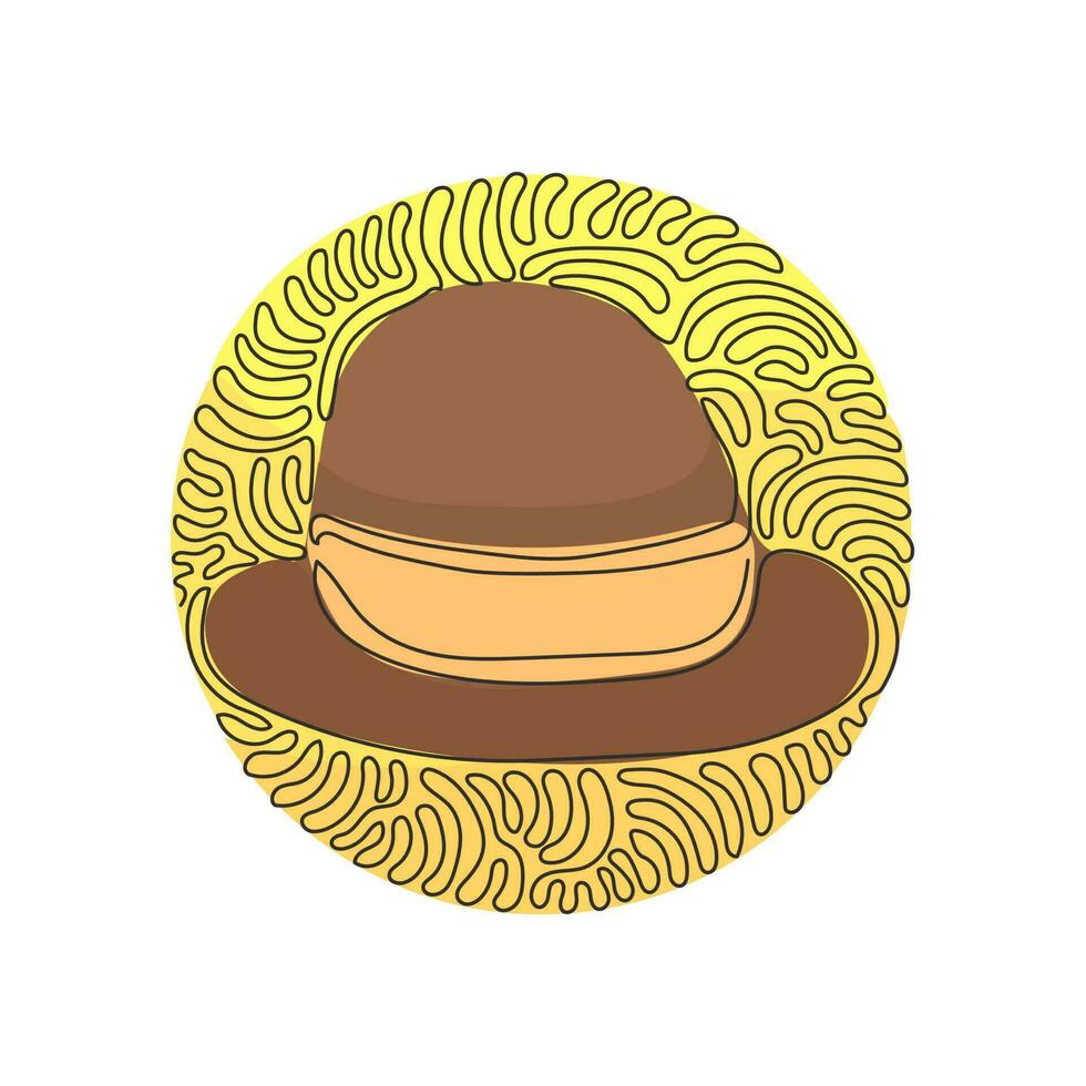 Single one line drawing fedora hat, side view, with tan leather band. Wool, felt fabric. Men head accessory. Swirl curl circle background style. Continuous line draw design graphic vector illustration