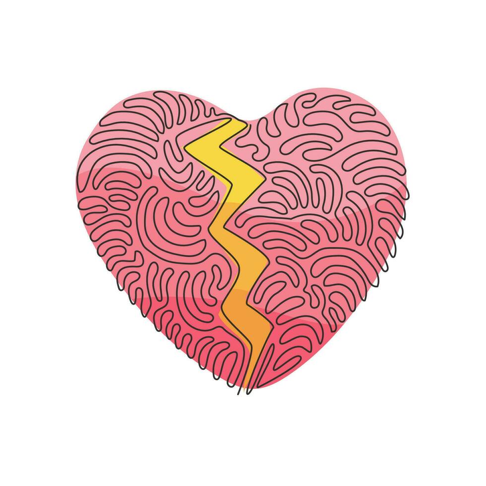 Single one line drawing love shape broken in two. Emoji of heartbreak, broken heart, divorce icon or symbol. Swirl curl style concept. Modern continuous line draw design graphic vector illustration