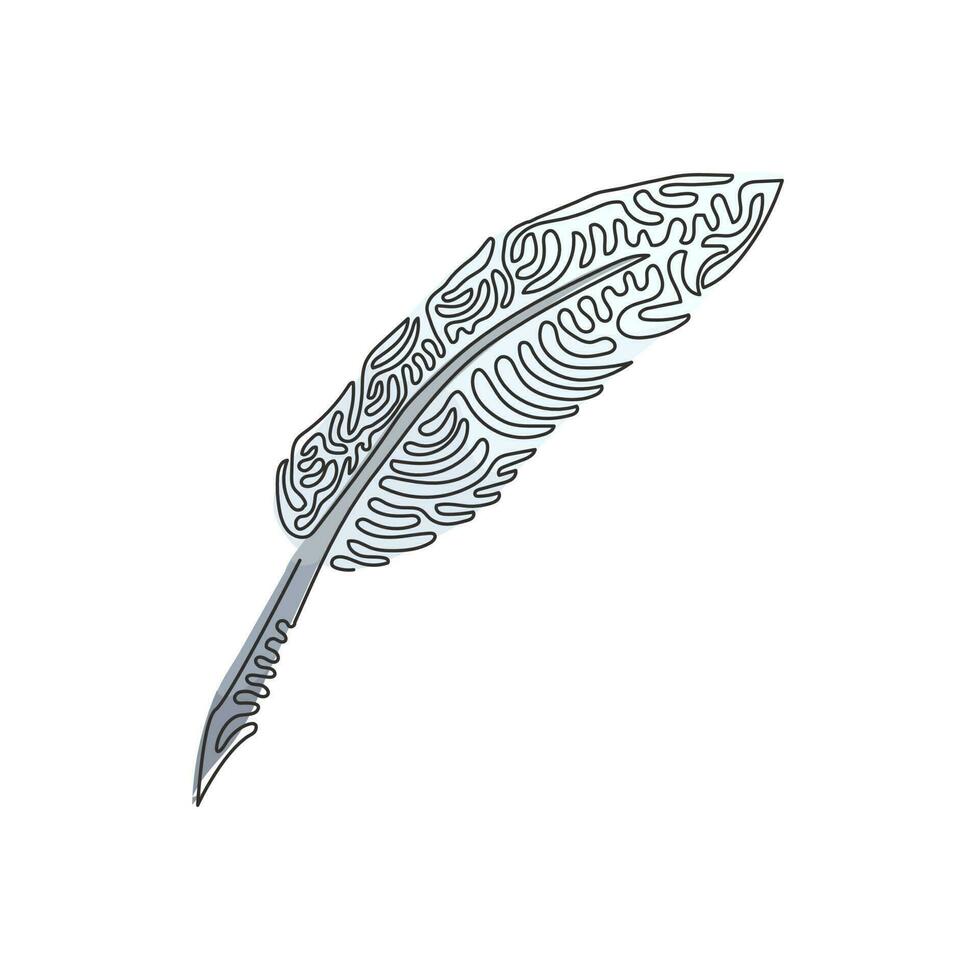 Single one line drawing vintage Feather quill pen logo with black ink stroke, scratch icon, classic stationery illustration. Swirl curl style. Continuous line draw design graphic vector illustration
