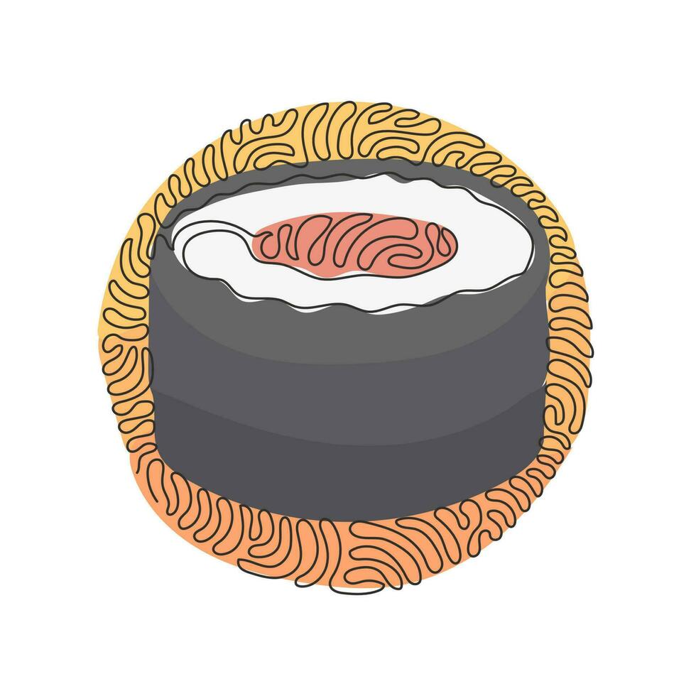 Continuous one line drawing sushi roll with salmon. Traditional Japanese meal. Menu in Japanese restaurant. Swirl curl circle background style. Single line draw design vector graphic illustration