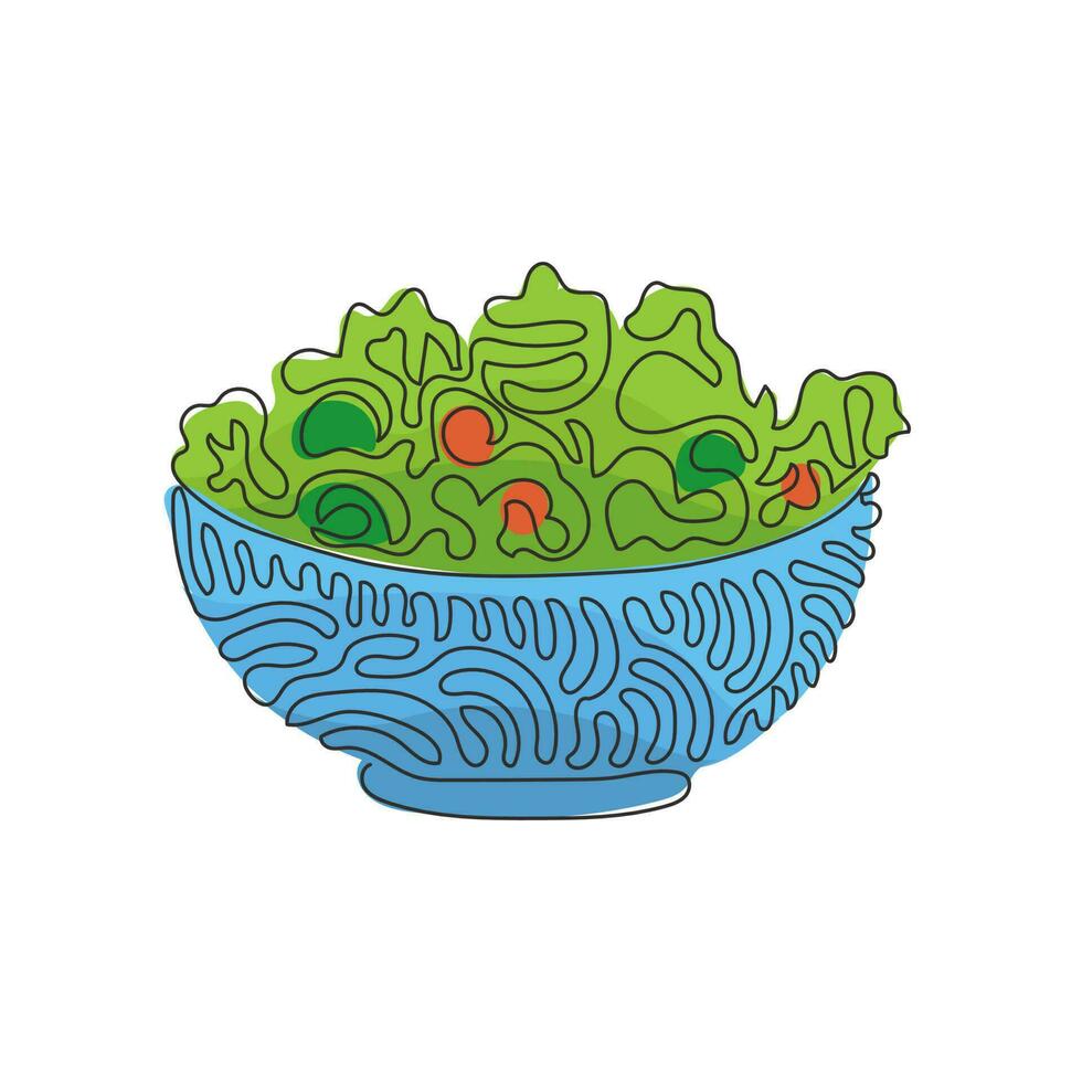 Single one line drawing green salad of fresh vegetables in salad bowl. Healthy appetizer for human body. Health food. Swirl curl style. Modern continuous line draw design graphic vector illustration