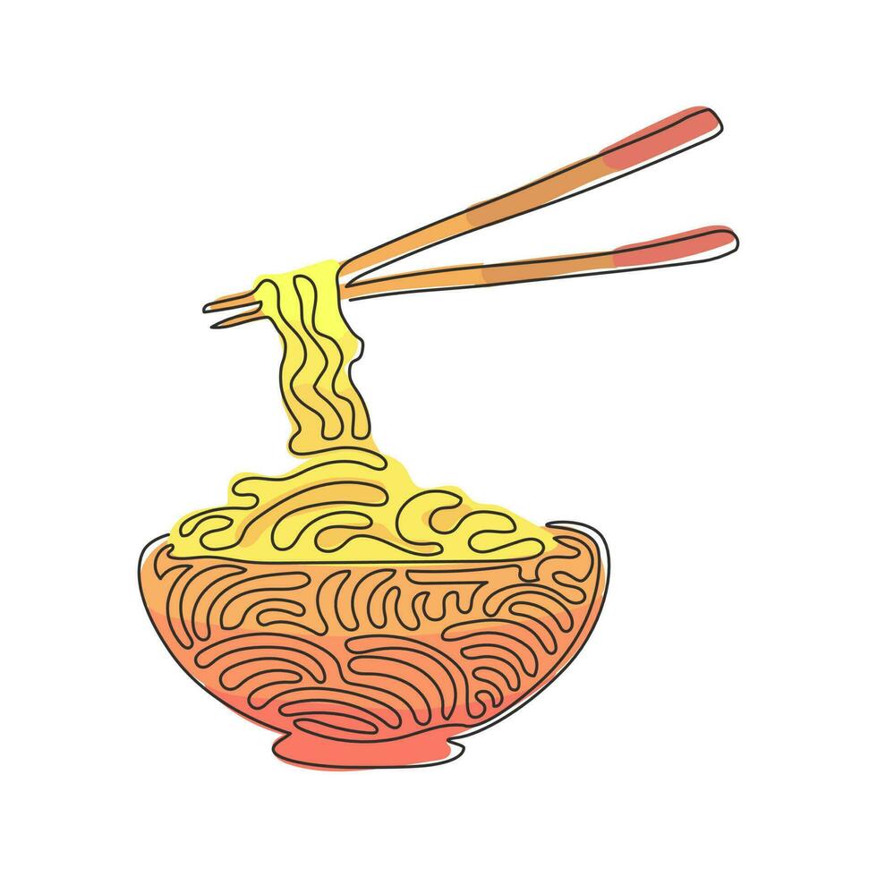 fideos de dibujo de una sola línea en un tazón. asiático ramen oriental, restaurante chino tradicional con pasta y palillos. estilo de rizo de remolino. ilustración de vector gráfico de diseño de dibujo de línea continua moderna