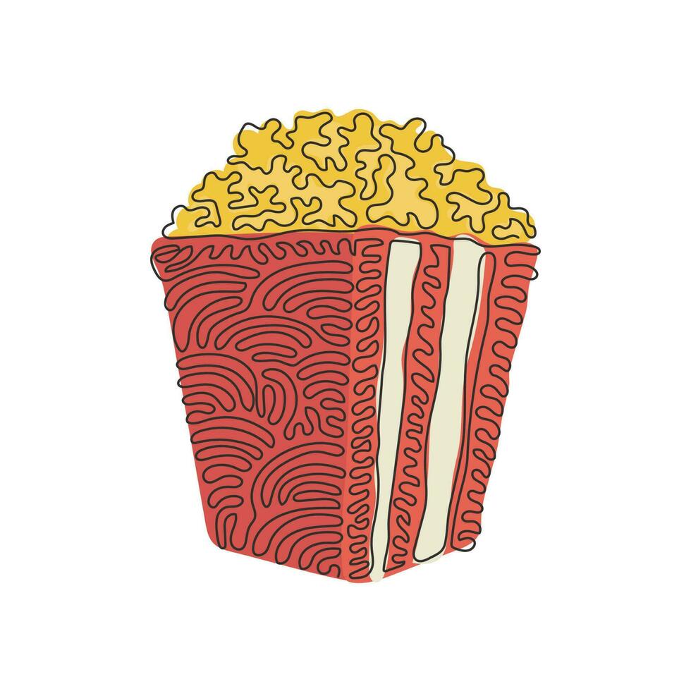 Single continuous line drawing striped box container with delicious popcorn. Takeaway fast food. Restaurant junk food menu. Swirl curl style. Dynamic one line draw graphic design vector illustration