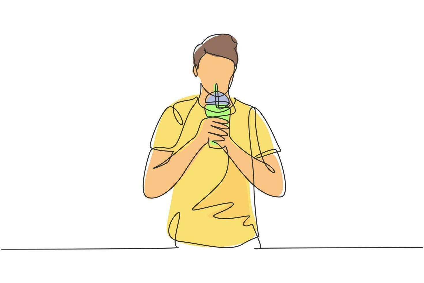 Single one line drawing young handsome male hold plastic cup and drink iced green tea with straw. Make him refreshing in summer season. Modern continuous line draw design graphic vector illustration