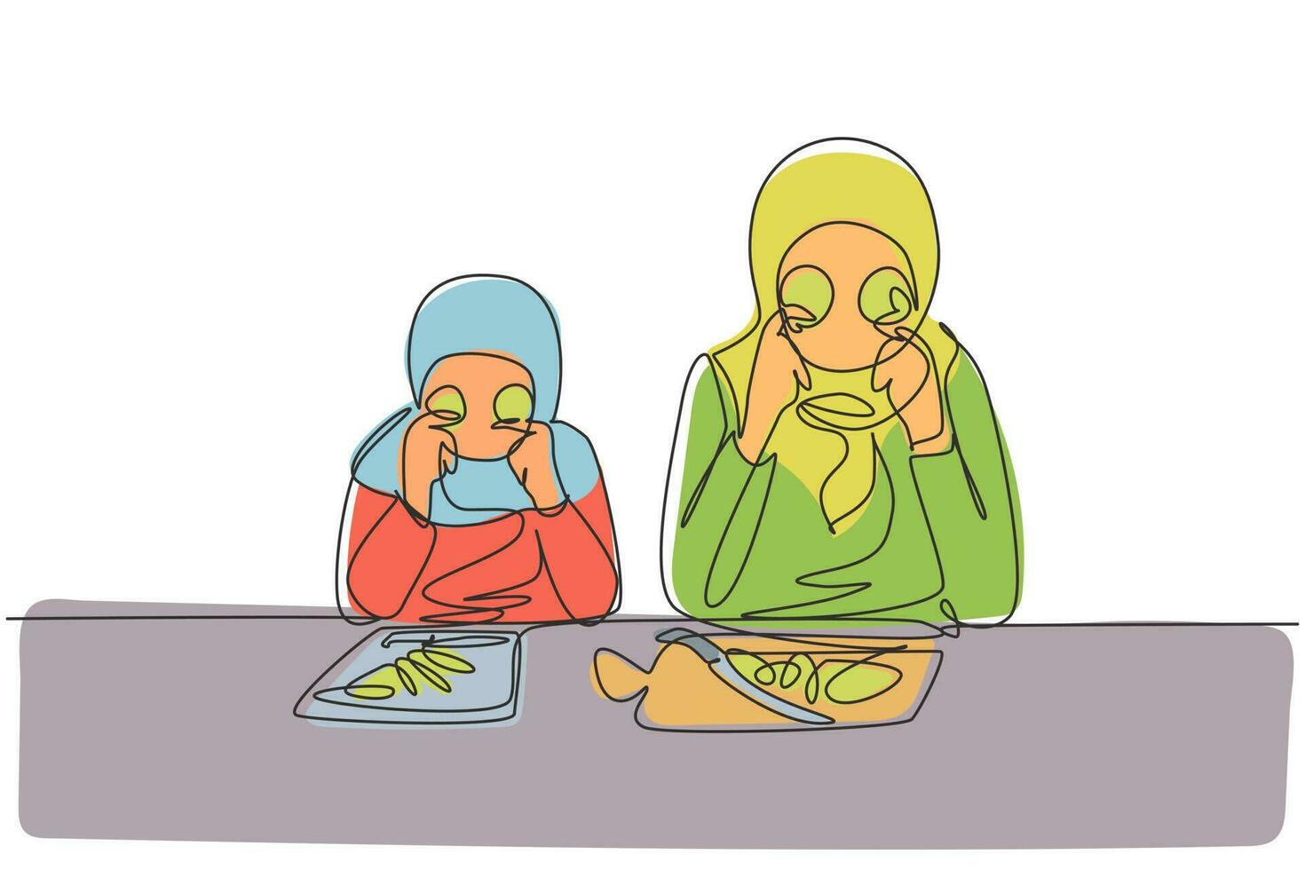 Continuous one line drawing Arabian little daughter and her beautiful mom are holding slices of cucumber and smiling while cooking in cozy kitchen. Single line draw design vector graphic illustration