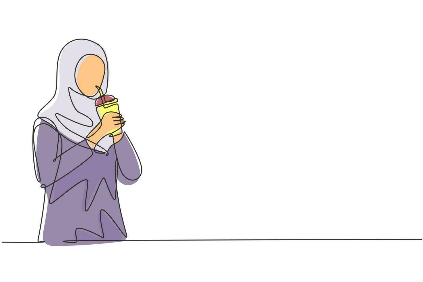 soltero uno línea dibujo hermosa árabe mujer sostener el plastico taza y Bebiendo naranja jugo con paja. hacer su refrescante en verano estación. moderno continuo línea dibujar diseño gráfico vector ilustración