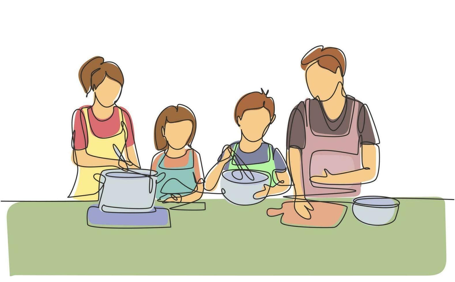 Continuous one line drawing happy family mom, dad, little daughter and son are cooking food in kitchen together, kitchenware, crockery, house, home. Single line draw design vector graphic illustration