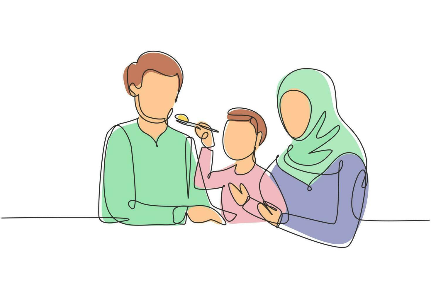 Single one line drawing Arabian family having fun together in modern restaurant. Boy feeds his father with love. Happy little family concept. Continuous line draw design graphic vector illustration