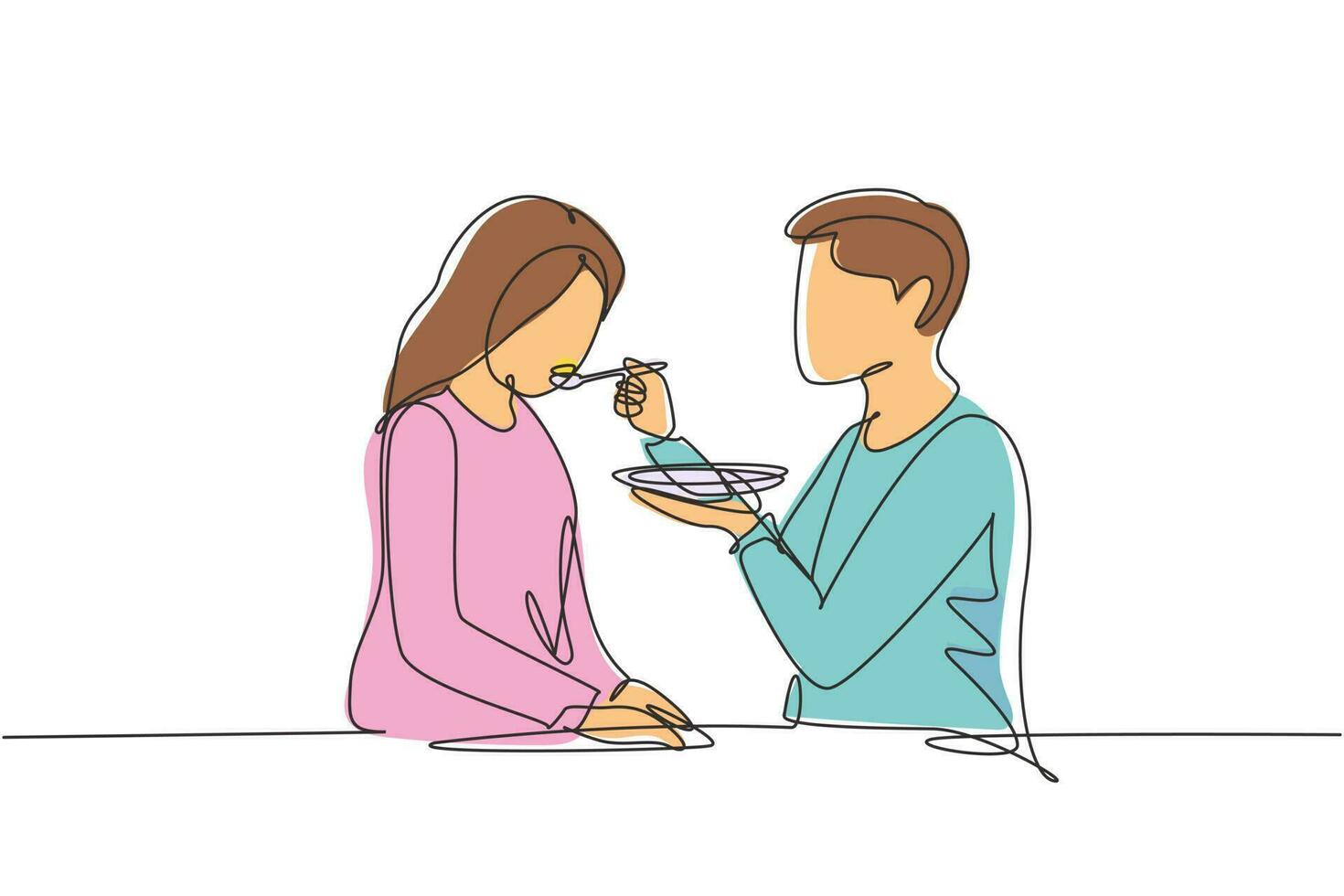 Continuous one line drawing romantic male feeds his wife. Happy young couple having dinner together at restaurant. Celebrate wedding anniversaries. Single line draw design vector graphic illustration