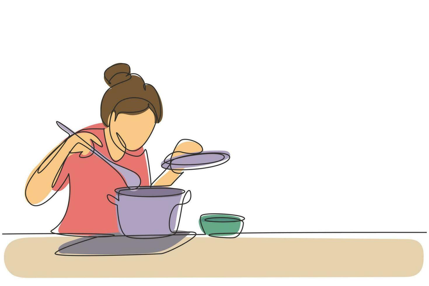 dibujo continuo de una línea hermosa ama de casa disfrutando del olor de la cocina de la olla. preparar la comida en la acogedora cocina. cocinar en casa. comida sana. Ilustración gráfica de vector de diseño de dibujo de una sola línea