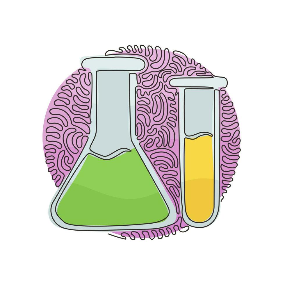 Continuous one line drawing chemistry laboratory glassware. Graduated lab tube, beaker, flask. Equipment for chemical test. Swirl curl circle background style. Single line draw design vector graphic