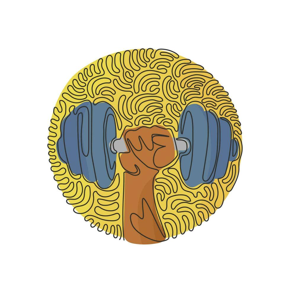 Continuous one line drawing athletic sportsman arm holding dumbbell. Fitness workout. Barbell and strong hand fist. Swirl curl circle background style. Single line design vector graphic illustration