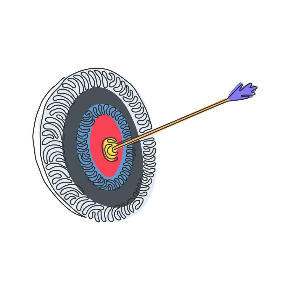 Single continuous line drawing Archery Target With Arrows Archer Sport Game Competition. Dartboard with arrow icon. Swirl curl style concept. Dynamic one line draw graphic design vector illustration