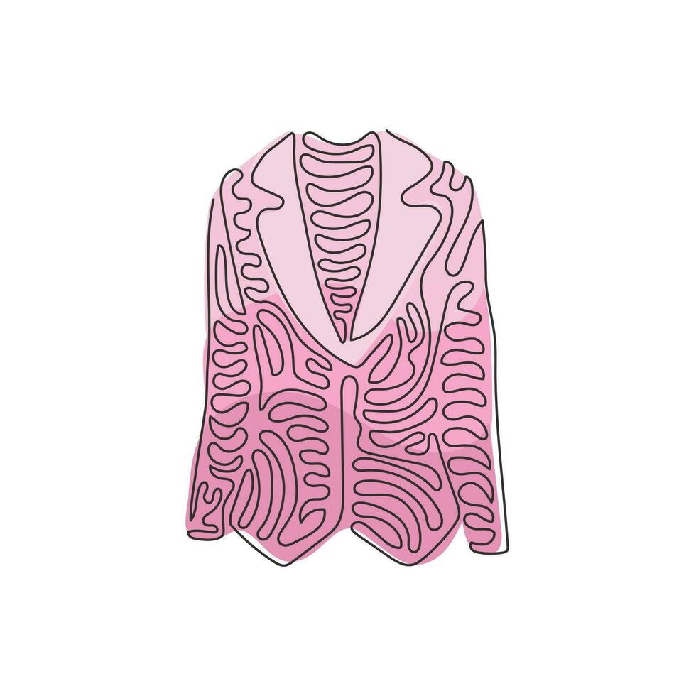 Single one line drawing women blazer or jacket. Basic clothes in business style. Dress-coat. Business attire. Woman wear. Swirl curl style. Continuous line draw design graphic vector illustration