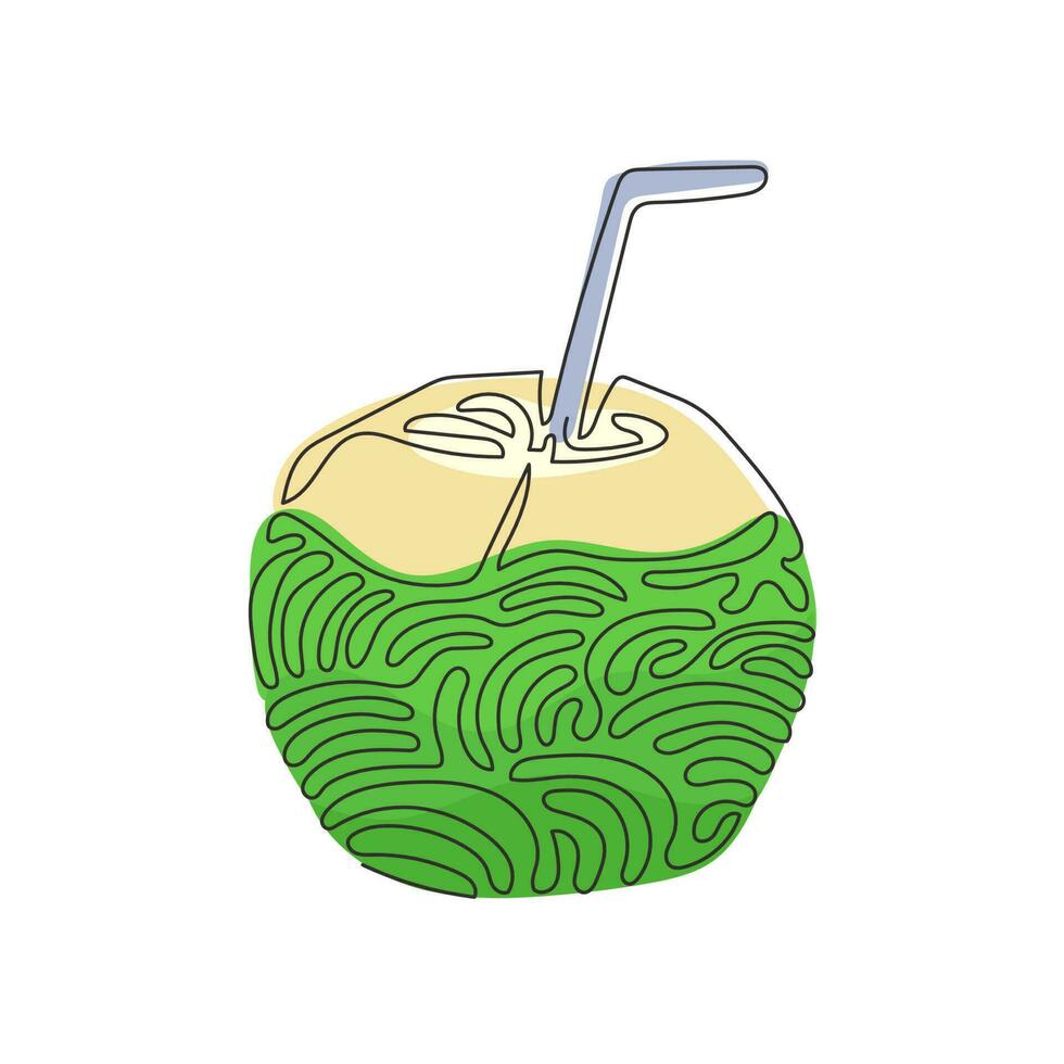 Single continuous line drawing green coconut water drink with drinking straw. Summer tropical dessert food and drink menu. Swirl curl style. Dynamic one line draw graphic design vector illustration