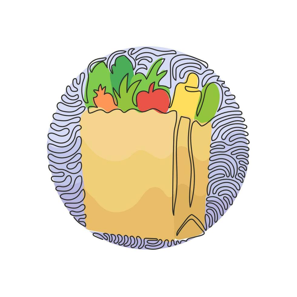 Single continuous line drawing grocery bag with vegetables. Paper package with produce. Paper bag in swirl curl circle background style. Dynamic one line draw graphic design vector illustration