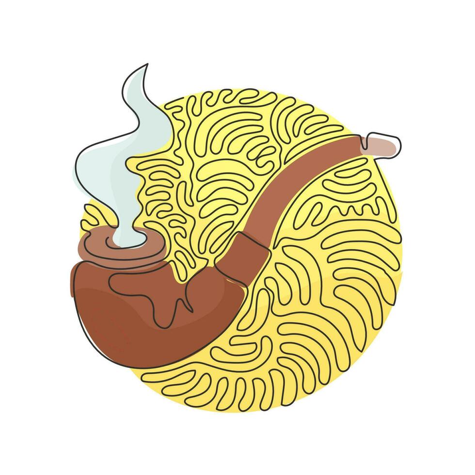 Single continuous line drawing smoking pipe with smoke. Tobacco pipe isolated. Tube for smoking tobacco. Swirl curl circle background style. Dynamic one line draw graphic design vector illustration