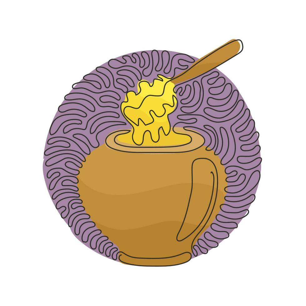 Single one line drawing glass pot full of honey and wooden honey dipper. Healthy food supplement for body. Swirl curl circle background style. Continuous line draw design graphic vector illustration