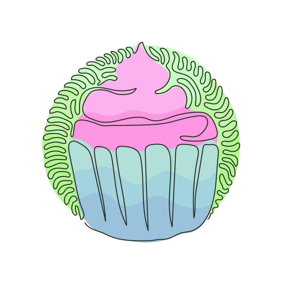 Single one line drawing yummy cupcake. Sweet tasty cake. Delicious dessert for dinner in restaurant. Swirl curl circle background style. Modern continuous line draw design graphic vector illustration