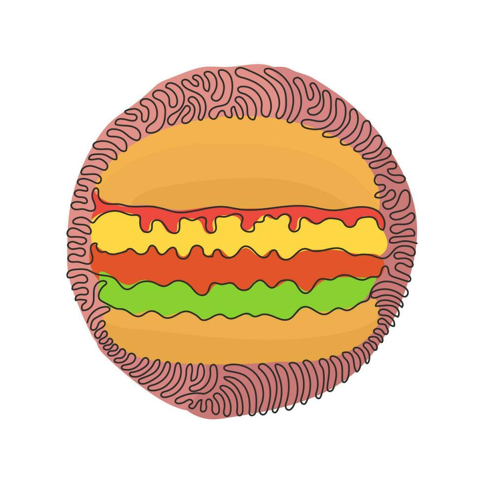 Single one line drawing hamburger, cheeseburger. Bun with cutlet, cheese, lettuce, tomato. Street fast food. Swirl curl circle background style. Continuous line draw design graphic vector illustration