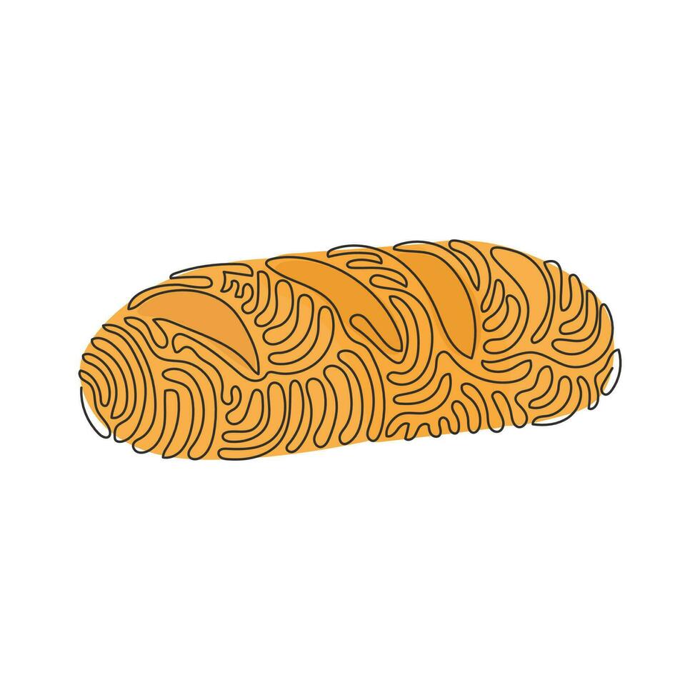 Continuous one line drawing baguette loaf of bread. White yeast bread. Appetizing long loaf for breakfast. Tasty bakery products. Swirl curl style. Single line draw design vector graphic illustration
