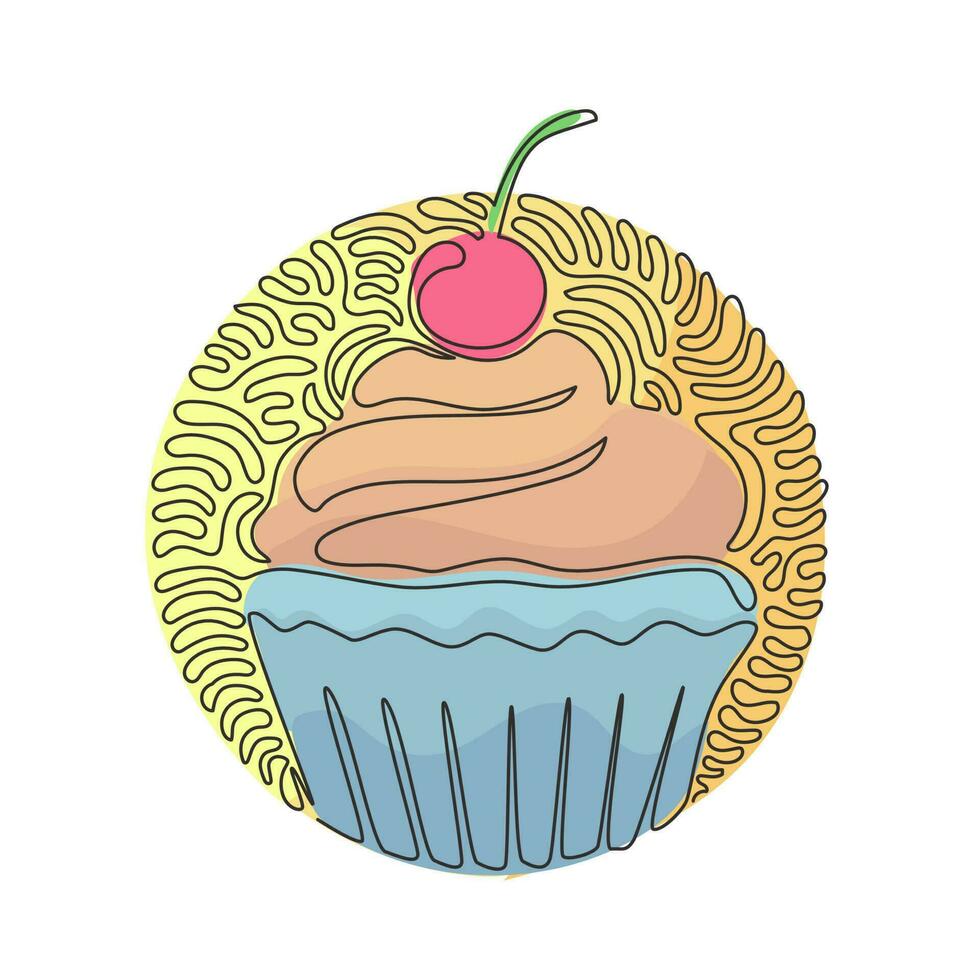 Single one line drawing yummy cupcake with cherry. Sweet tasty cake. Delicious dessert for dinner. Swirl curl circle background style. Modern continuous line draw design graphic vector illustration