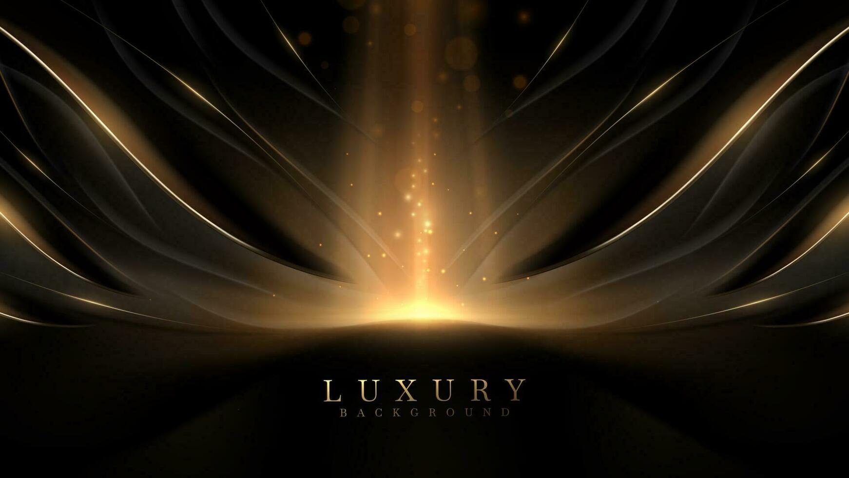 Black luxury background with dark scene with golden curved lines elements and gold glow effect decoration and bokeh. vector