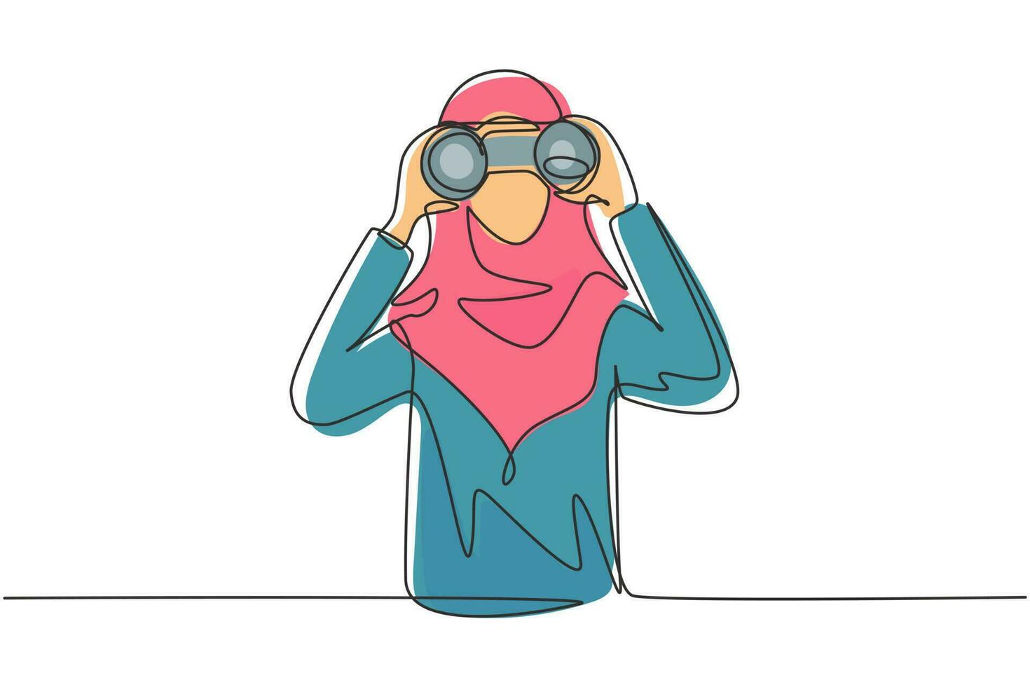 Single continuous line drawing Arab business woman looking through binoculars searching for job. Find all opportunities in the world of suitable jobs. One line draw graphic design vector illustration