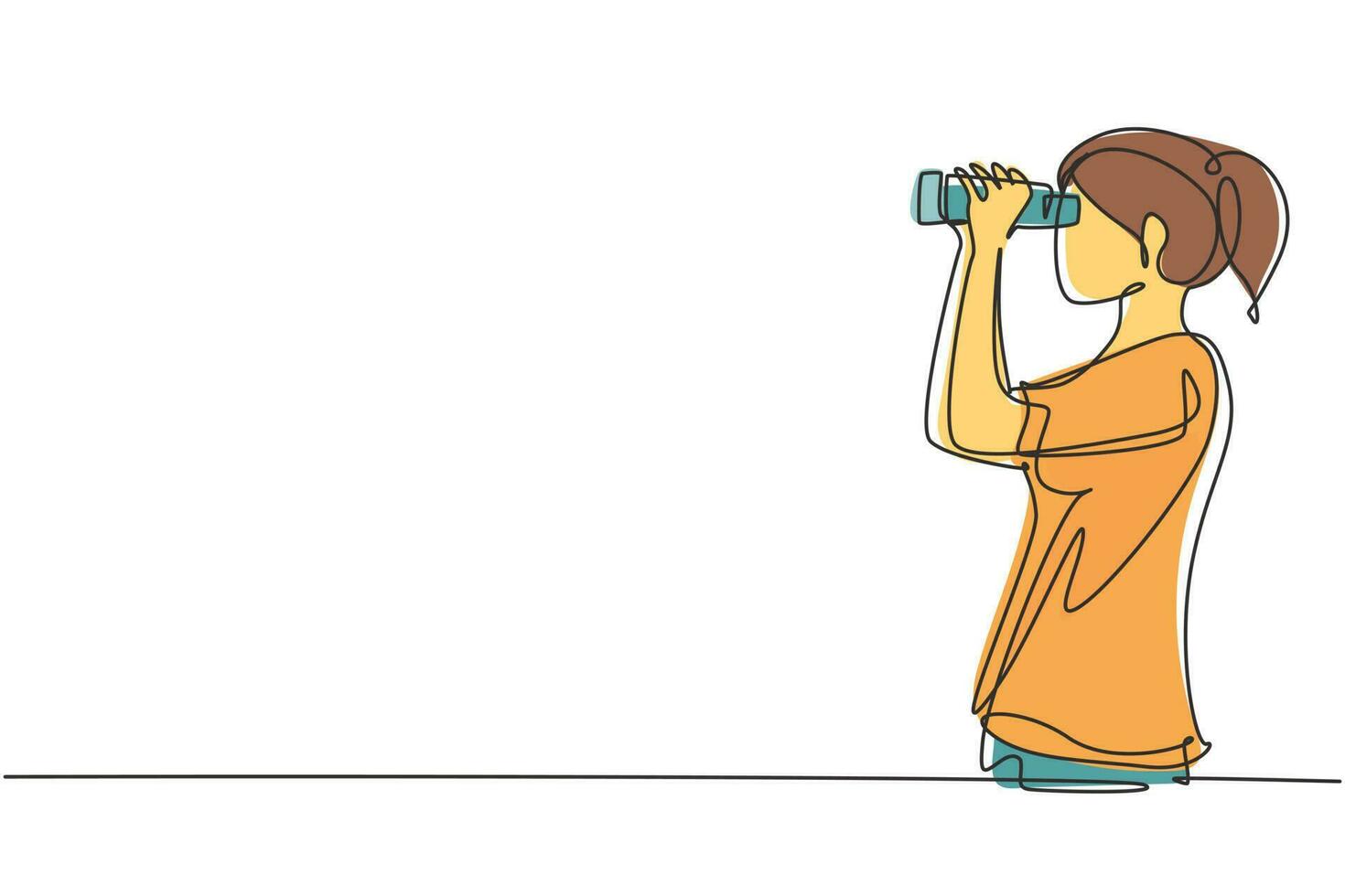 Single continuous line drawing girl looking in distance with binoculars. Enjoy beauty of nature as far as the eye can see. Find something interesting. One line draw graphic design vector illustration