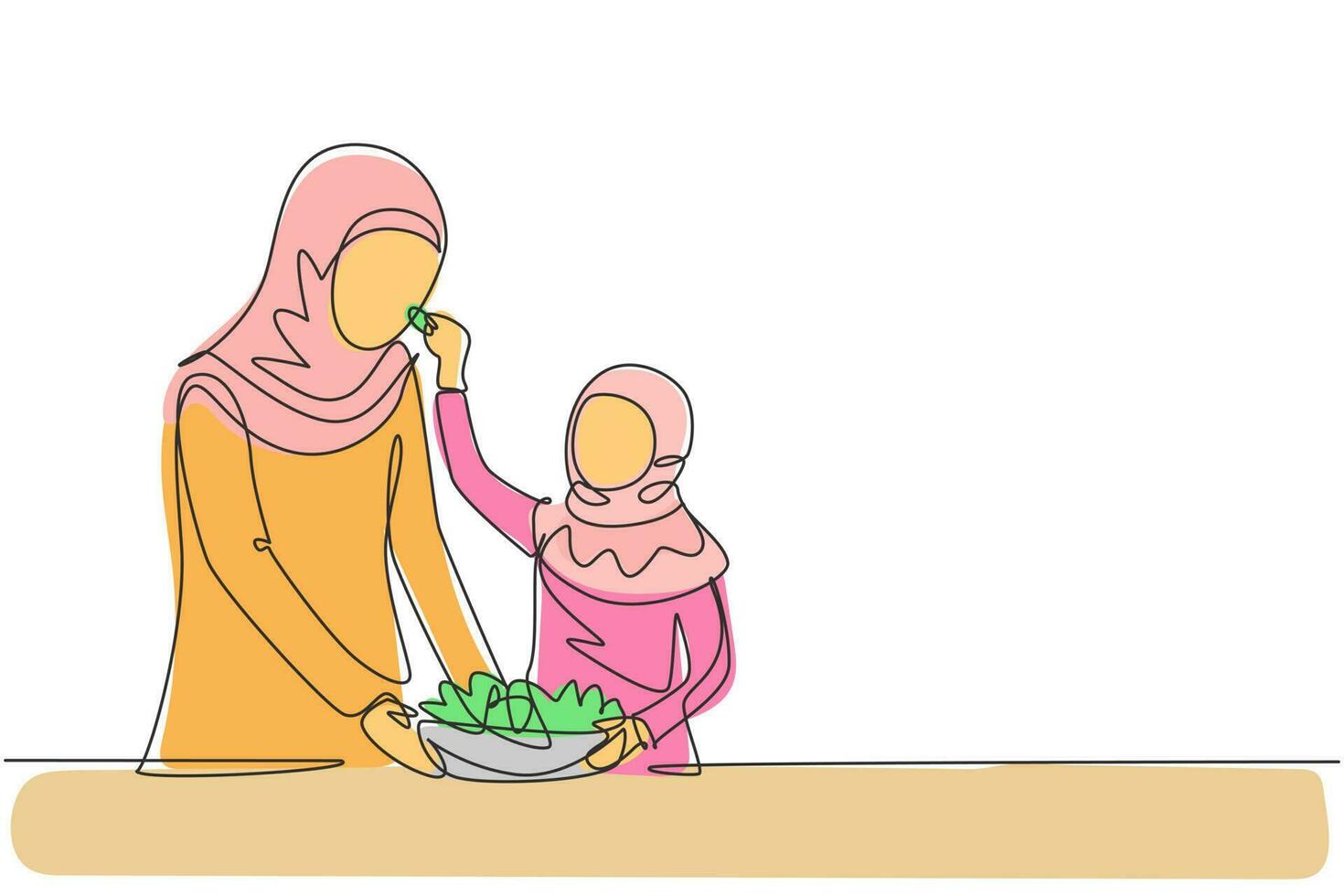 Single continuous line drawing Arabian mother feeds her daughter food and in front of her is bowl filled with salad. Cooking together in cozy kitchen. One line draw graphic design vector illustration