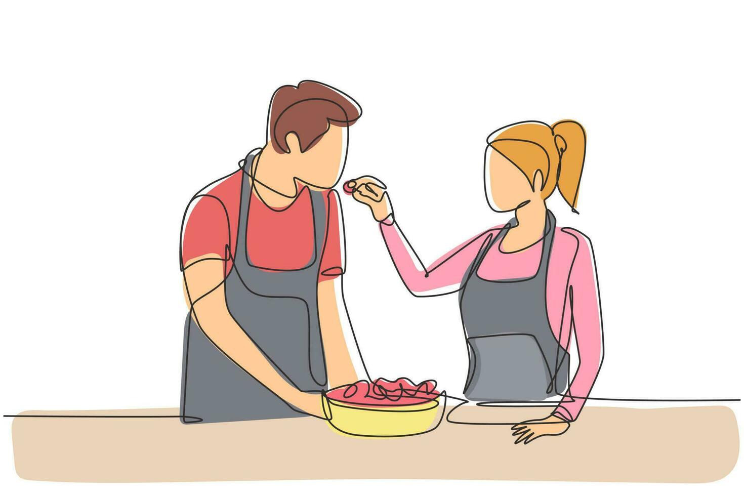Continuous one line drawing beautiful wife feeds her husband food and in front of him is bowl filled with salad. Cooking together in cozy kitchen. Single line draw design vector graphic illustration