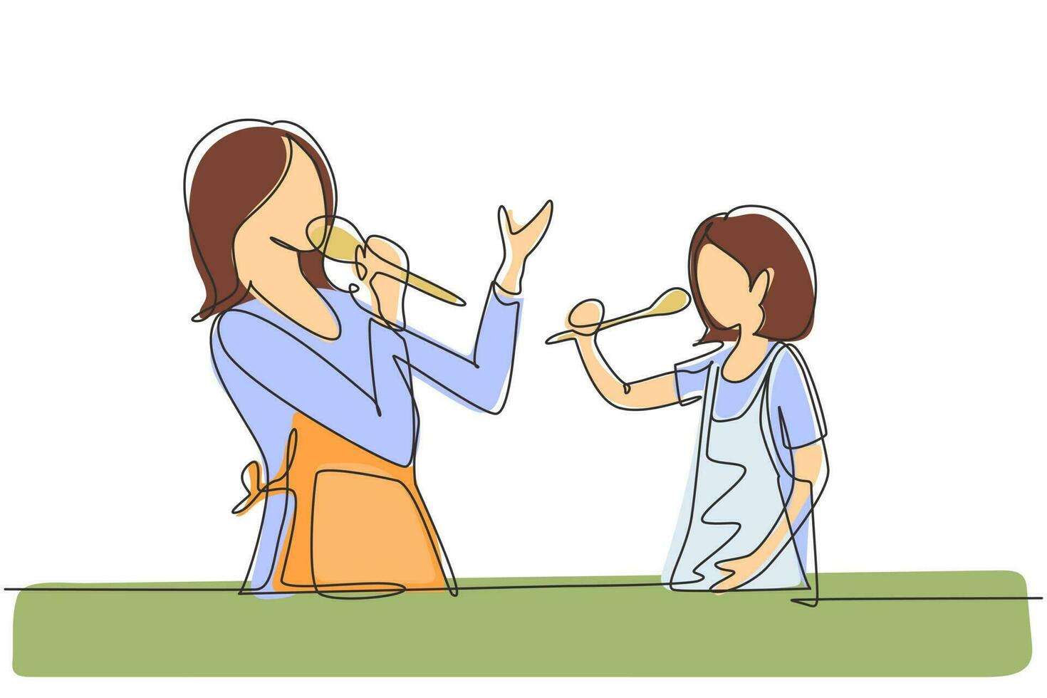 Single one line drawing cheerful mom and her little daughter singing while cooking together, using spatula and broccoli as microphones. Modern continuous line draw design graphic vector illustration