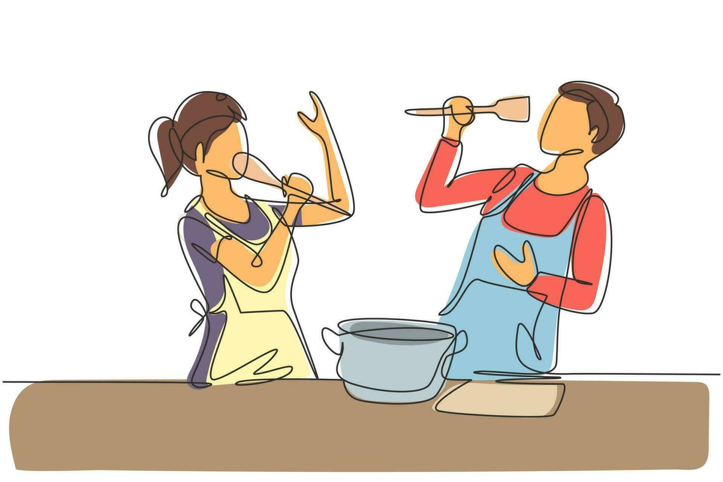 Continuous one line drawing happy romantic couple singing while cooking together, using spatula and broccoli as microphones. Kitchen fun concept. Single line draw design vector graphic illustration