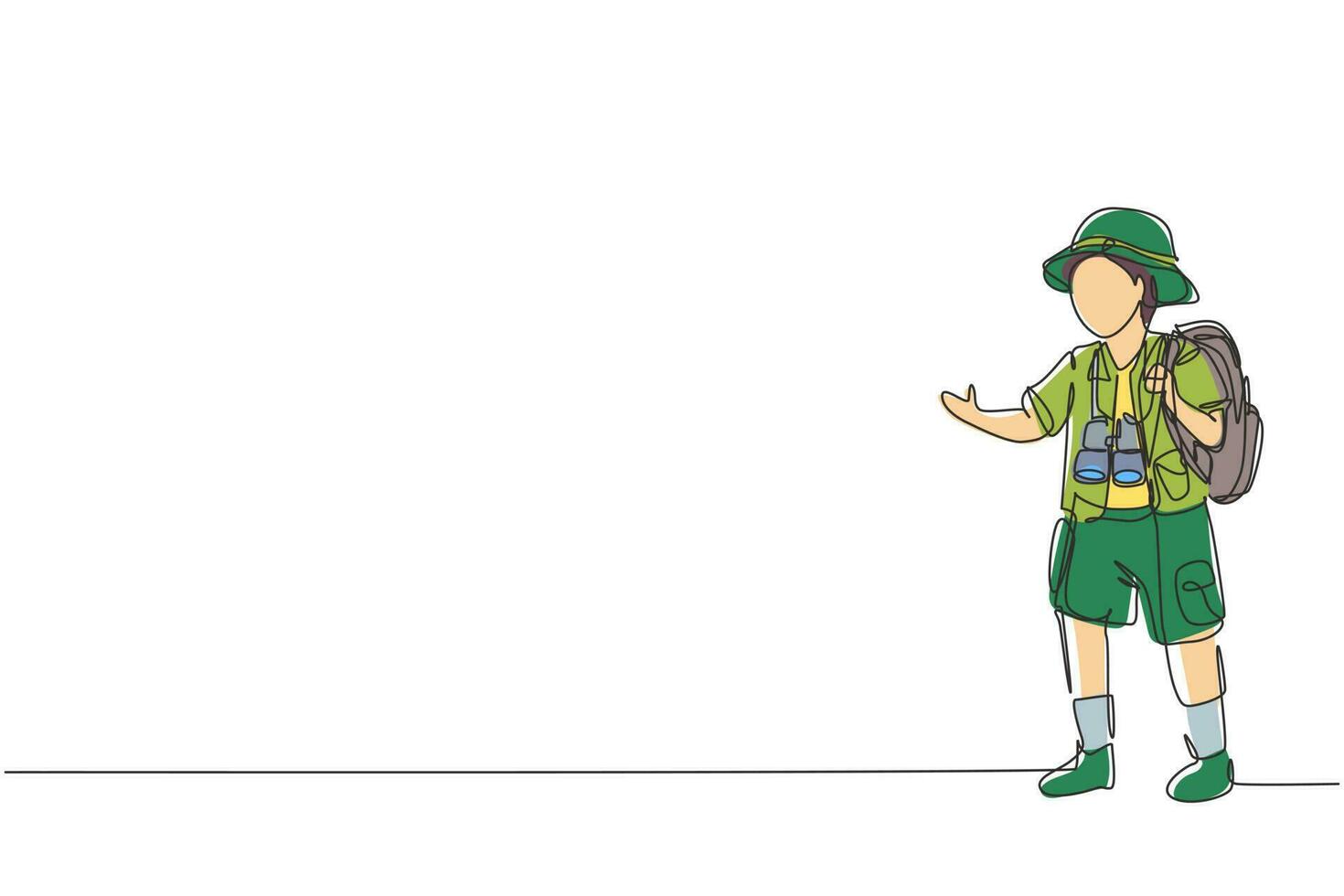 Single one line drawing  boy wearing safari outfit complete with hat carrying bag and draping binoculars. Little adventurer learns about nature. Continuous line draw design graphic vector illustration