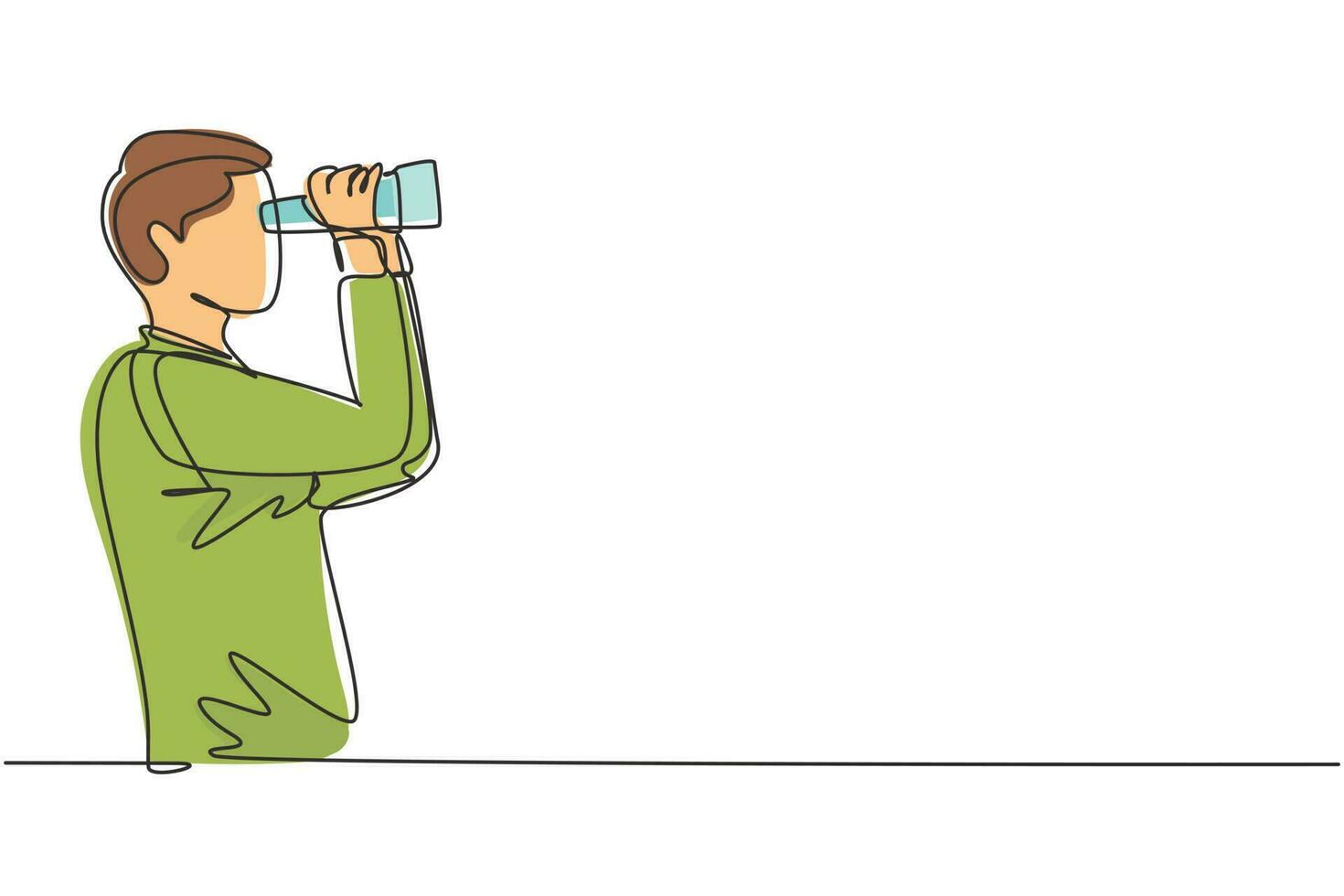 Continuous one line drawing young man looking in distance with binoculars. Enjoy beauty of nature as far as the eye can see. Find something interesting. Single line design vector graphic illustration