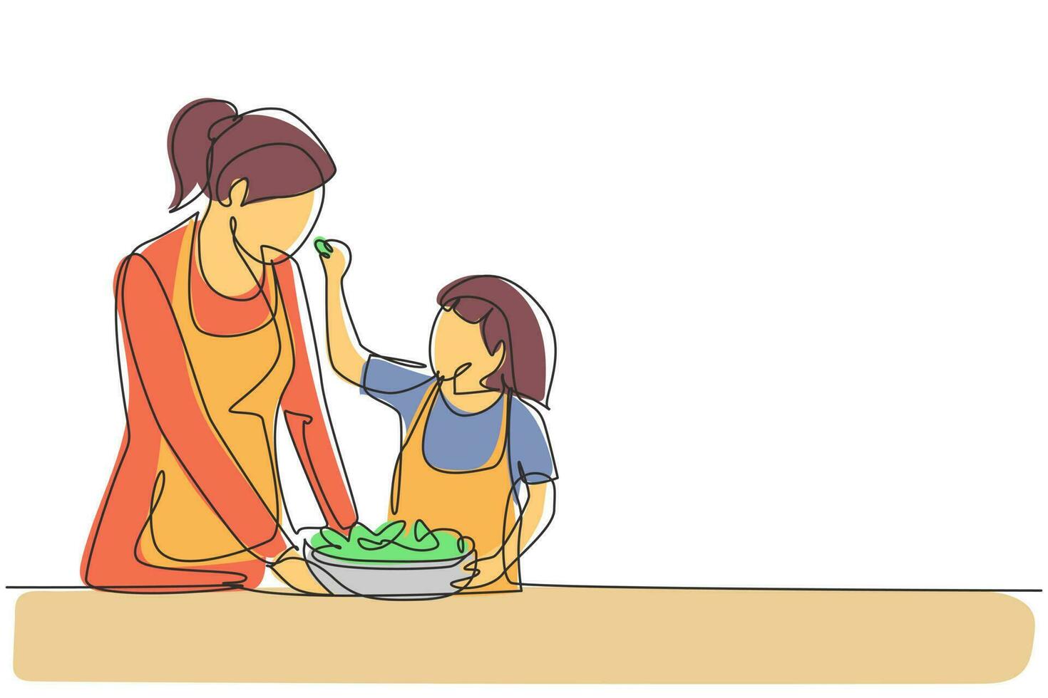 Single one line drawing mother feeds her little daughter food and in front of her is bowl filled with salad. Cooking together in cozy kitchen. Continuous line draw design graphic vector illustration