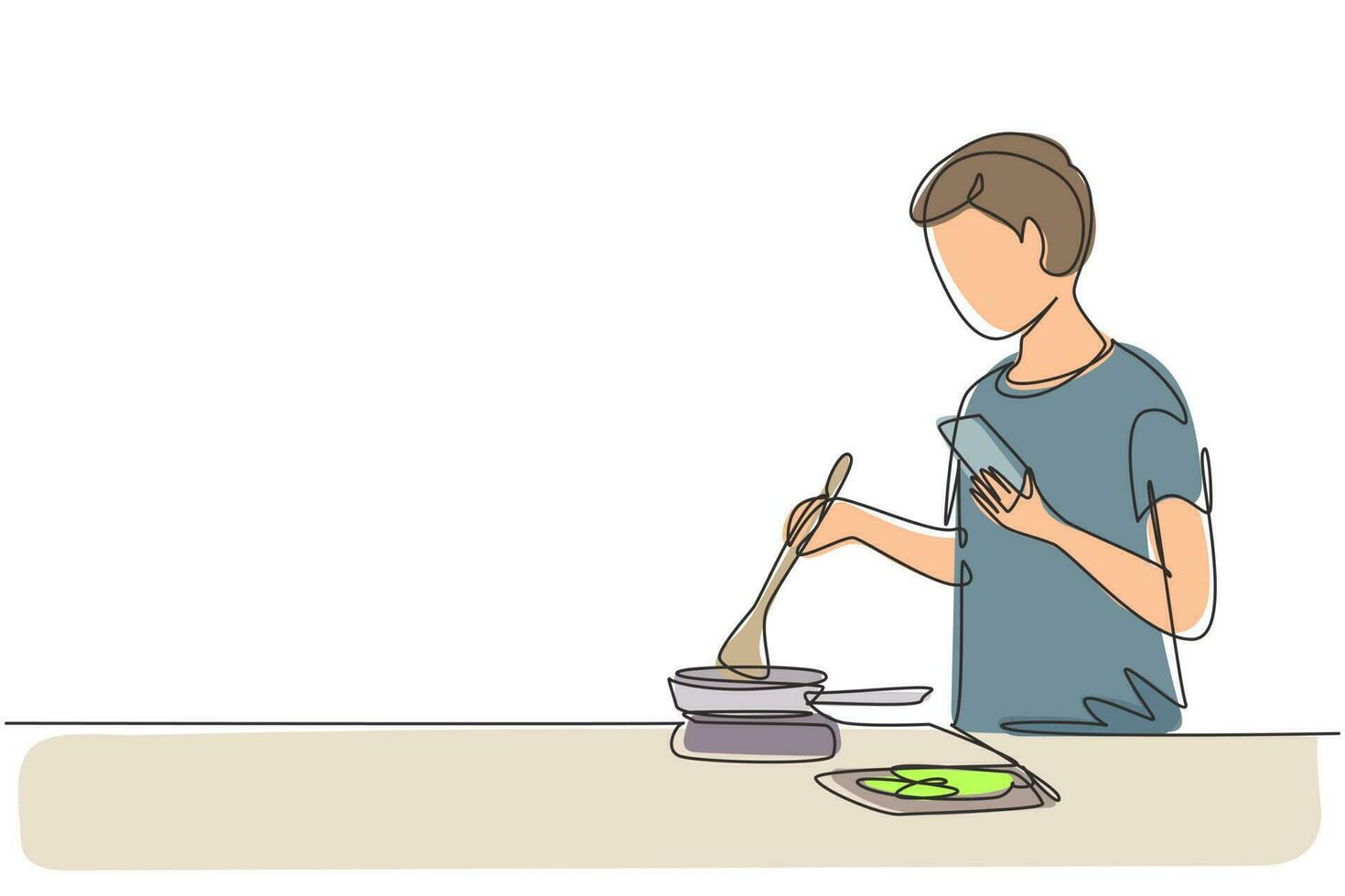 Continuous one line drawing handsome husband is cooking while looking at tutorial on smartphone. Learn to cook with modern technology. Prepare food. Single line draw design vector graphic illustration